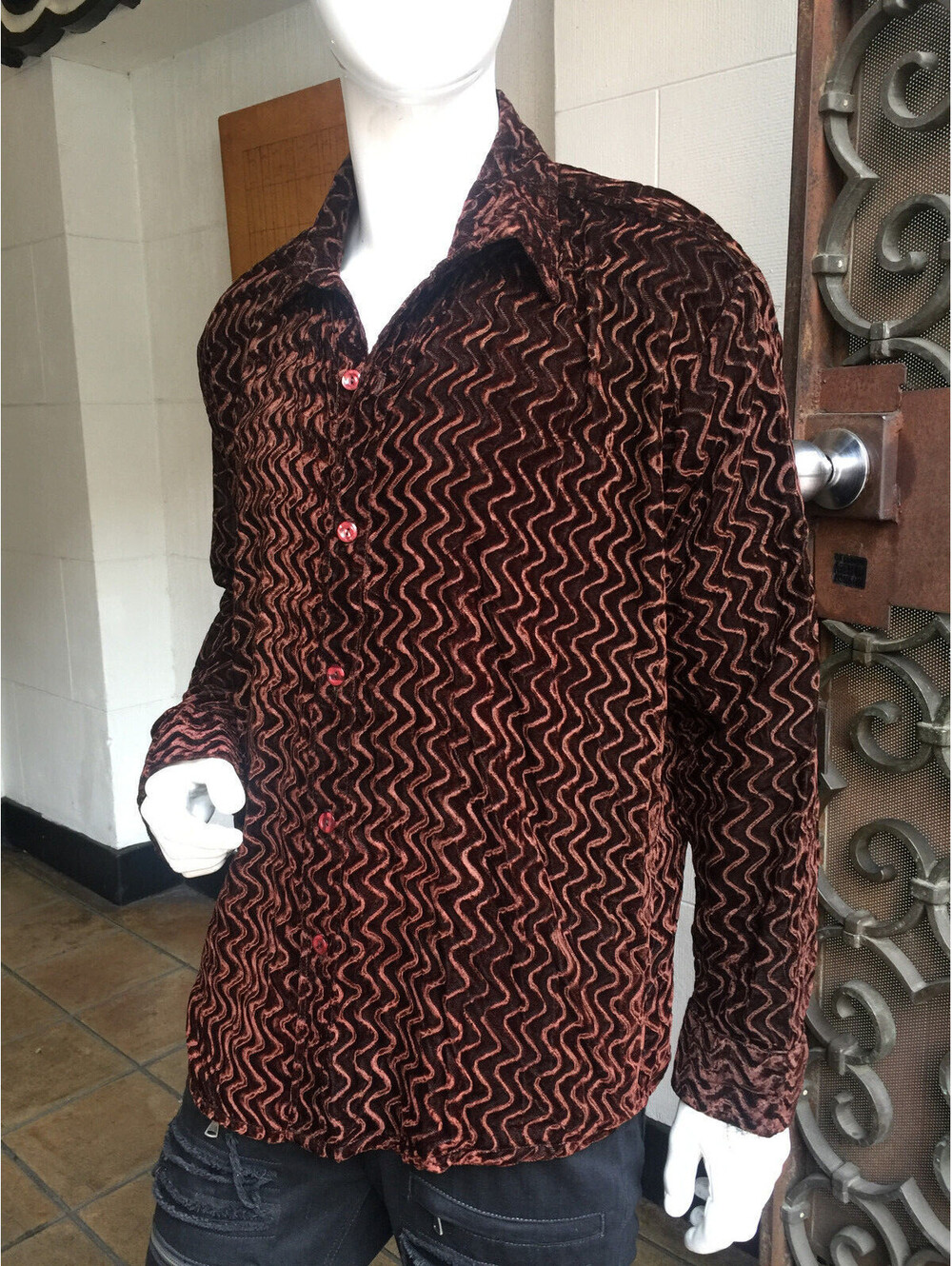 Men's Brown Velvet Look Long Sleeve Button Down Shirt